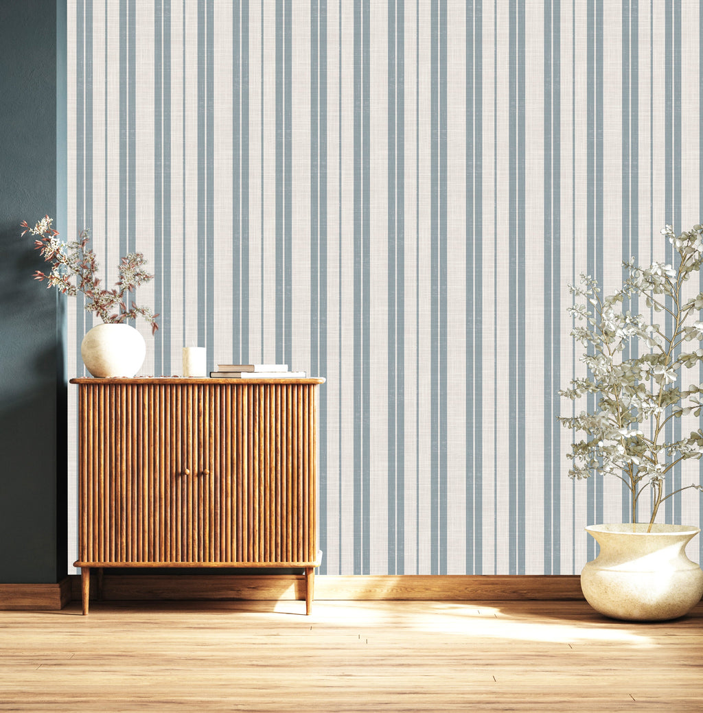 Colbi Striped Wallpaper, Blue and Off-White Classic Farmhouse