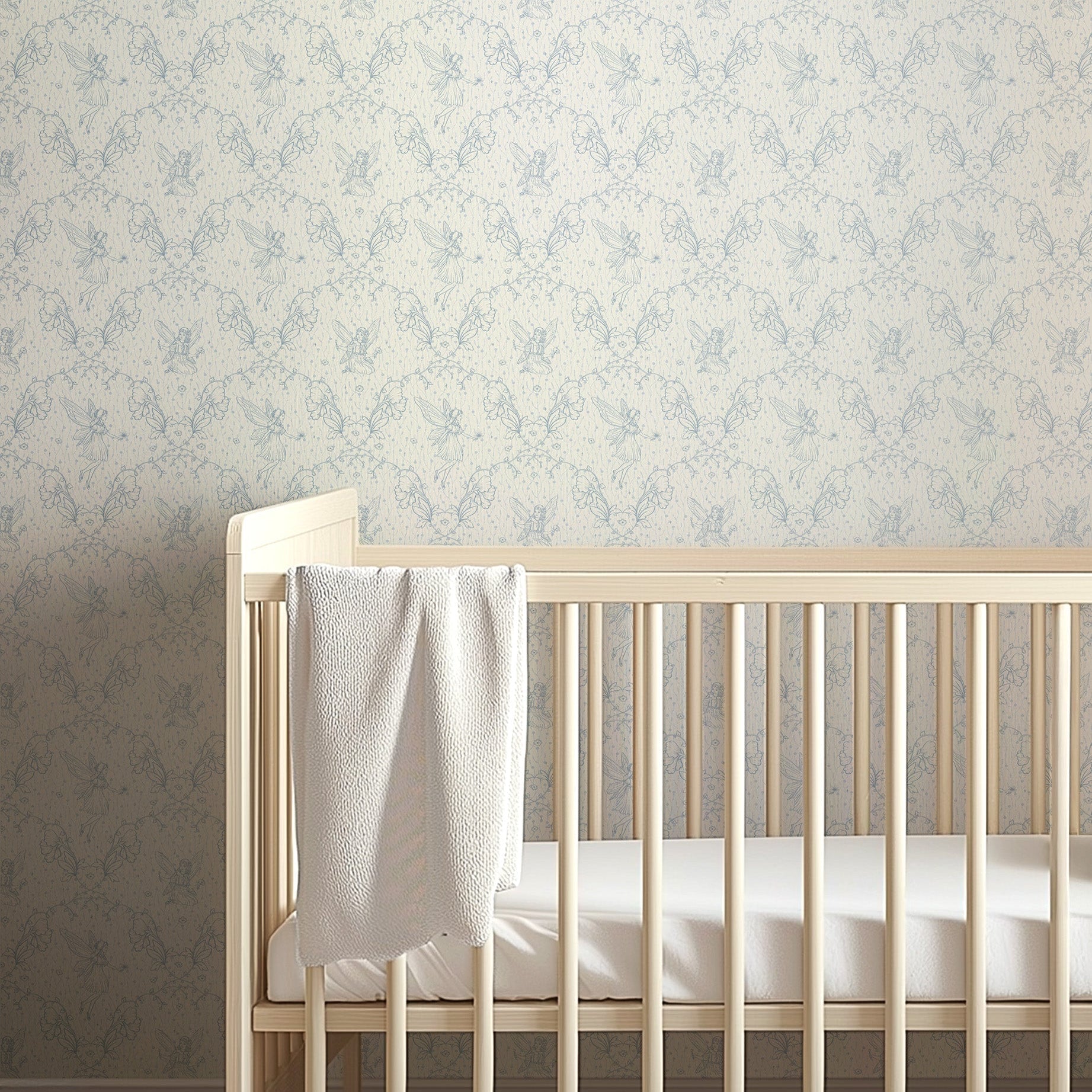 Whimsical Petra wallpaper featuring a soft palette of beige, blue, grey, and dusty-rose.