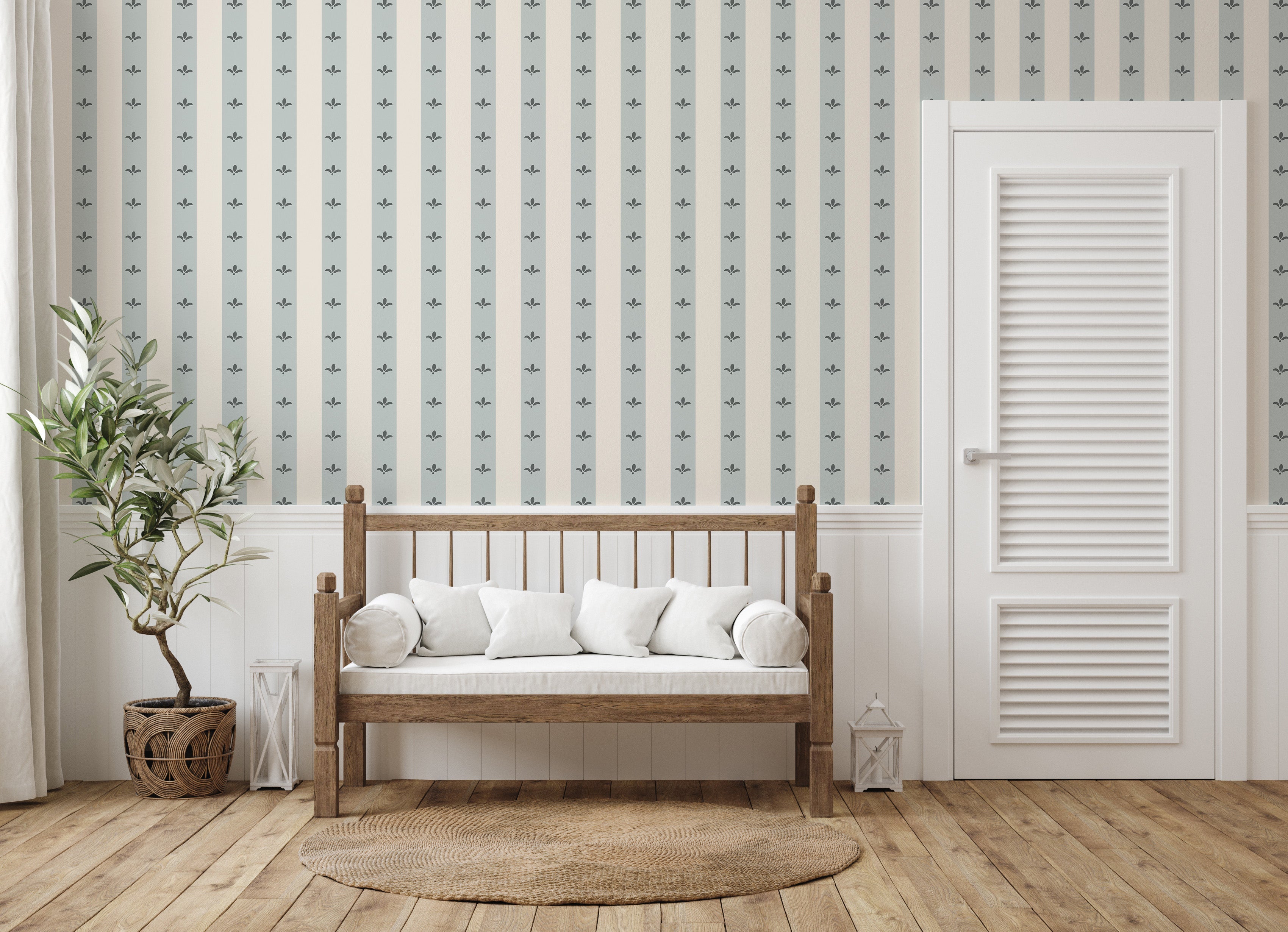 Boden Striped Wallpaper in Beige, Gold, Blue and White