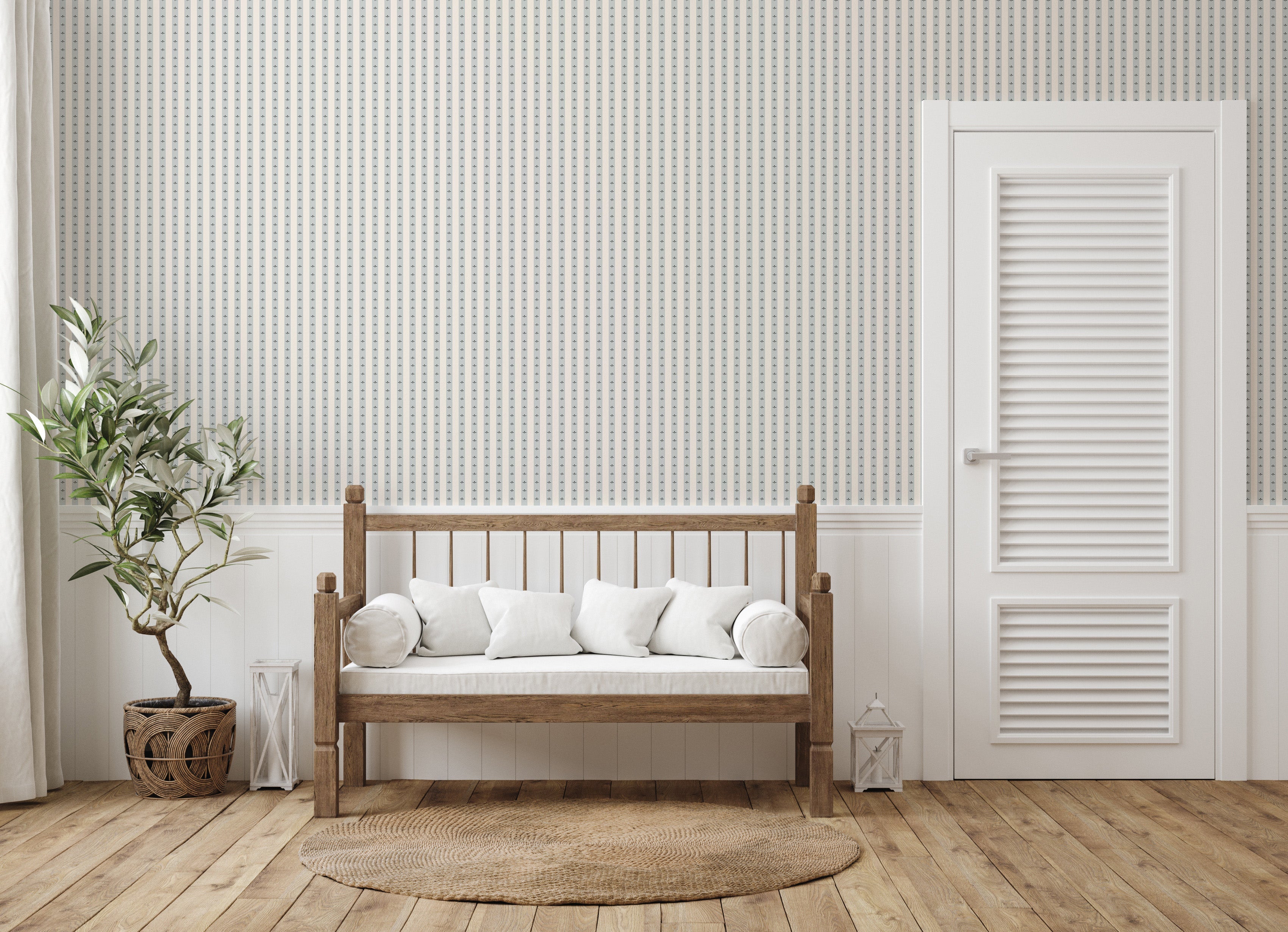 Boden Striped Wallpaper in Beige, Gold, Blue and White