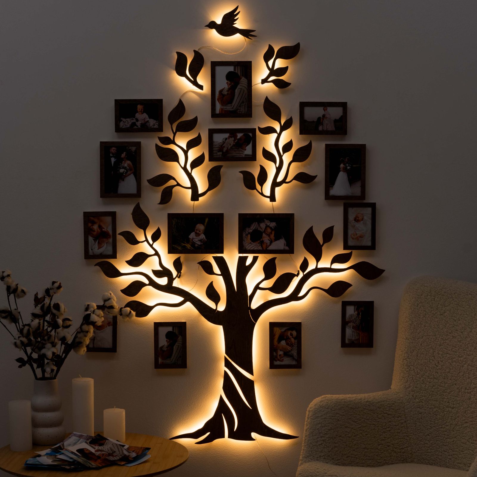 Nova Wooden LED Family Tree Wall Decor with Soft Glow Lighting