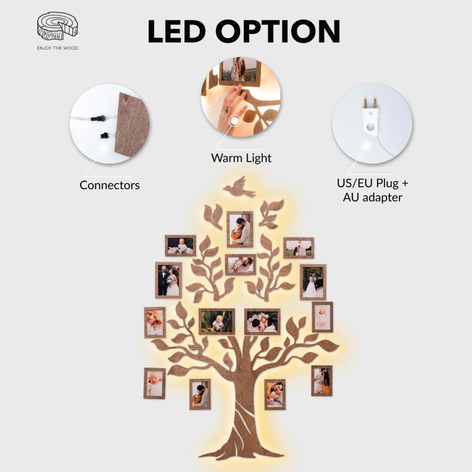 Nova Wooden LED Family Tree Wall Decor with Soft Glow Lighting