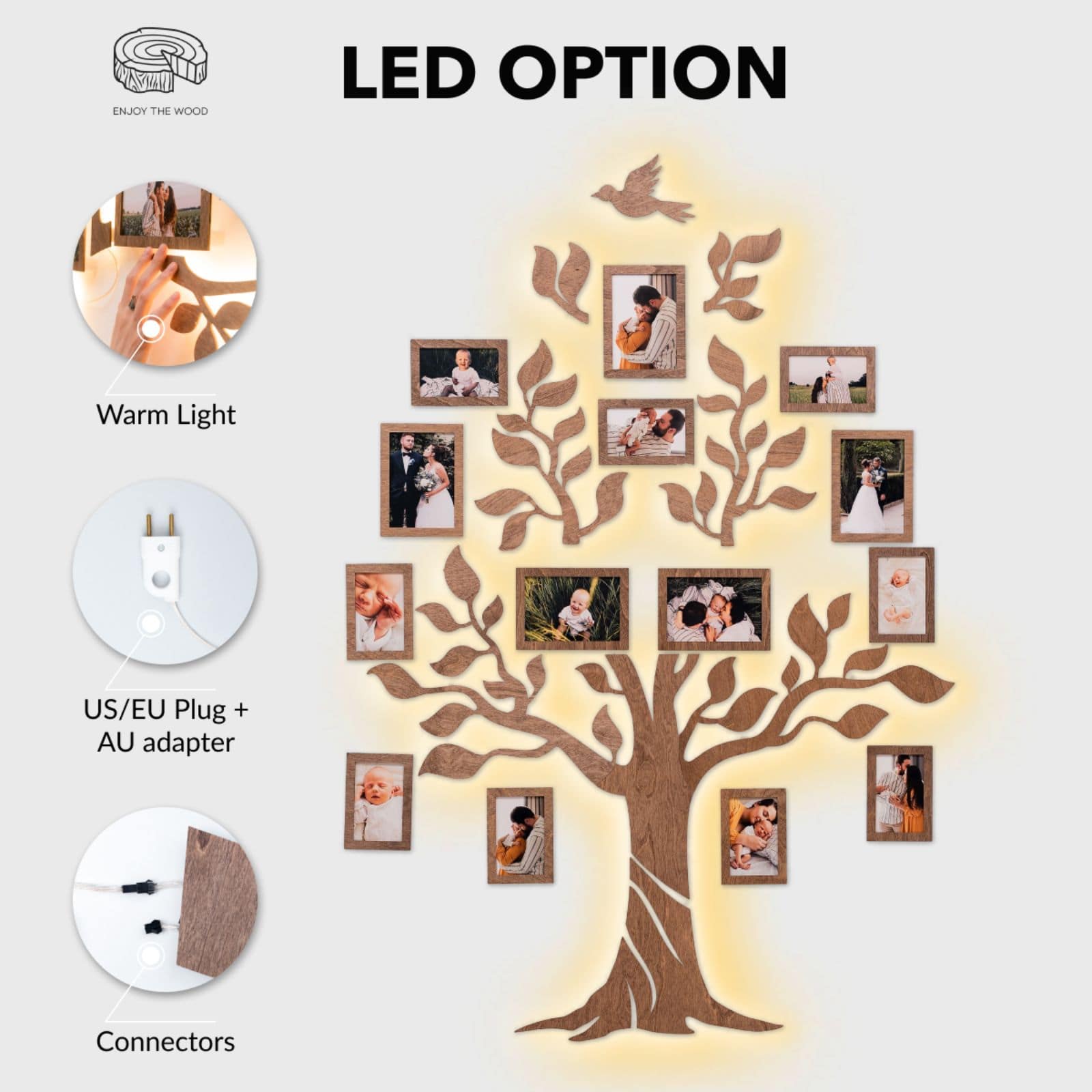 Nova Wooden LED Family Tree Wall Decor with Soft Glow Lighting