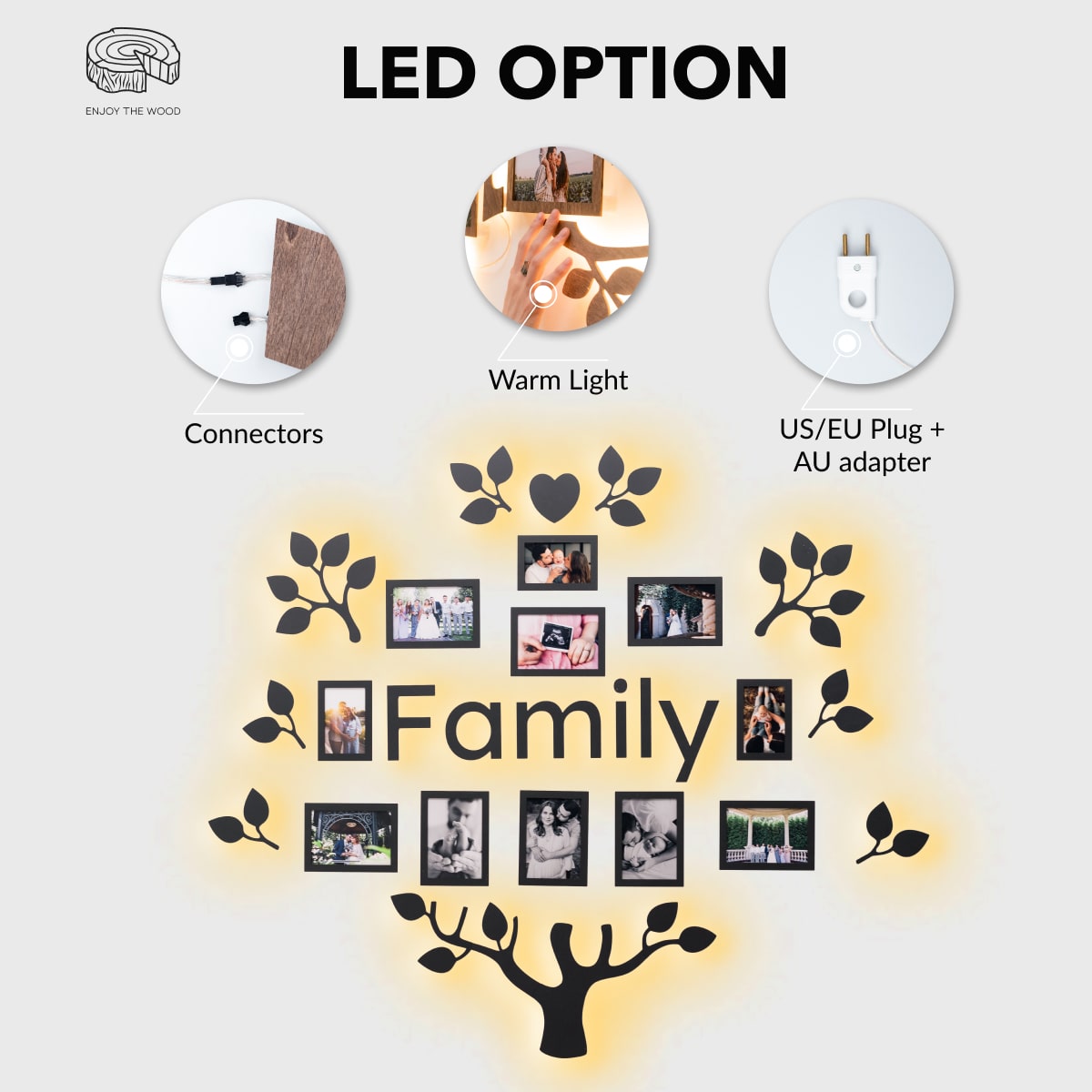 Black Ember LED Family Tree Wall Art with Warm Glow Lighting
