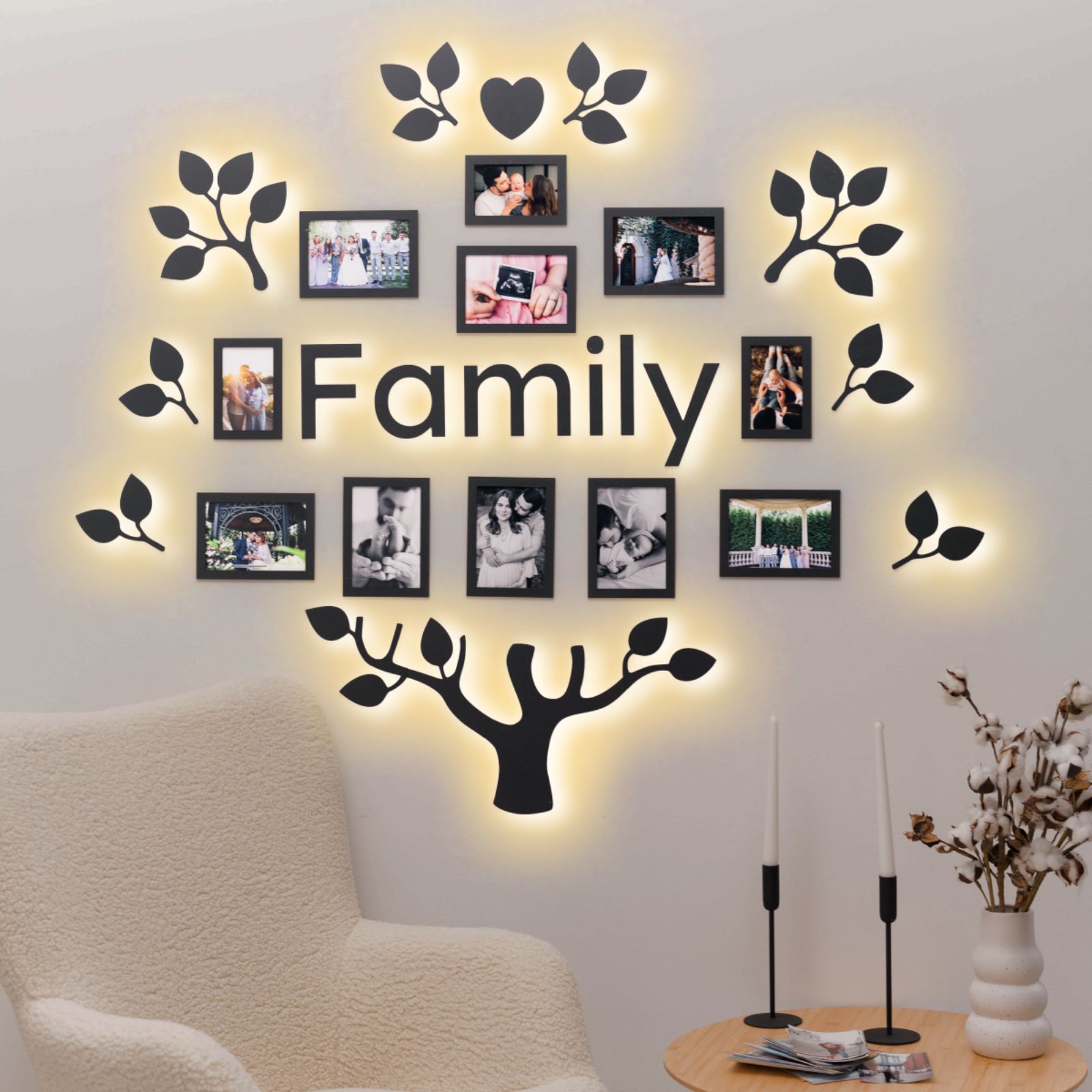 Black Ember wooden family tree wall art with integrated warm LED lighting