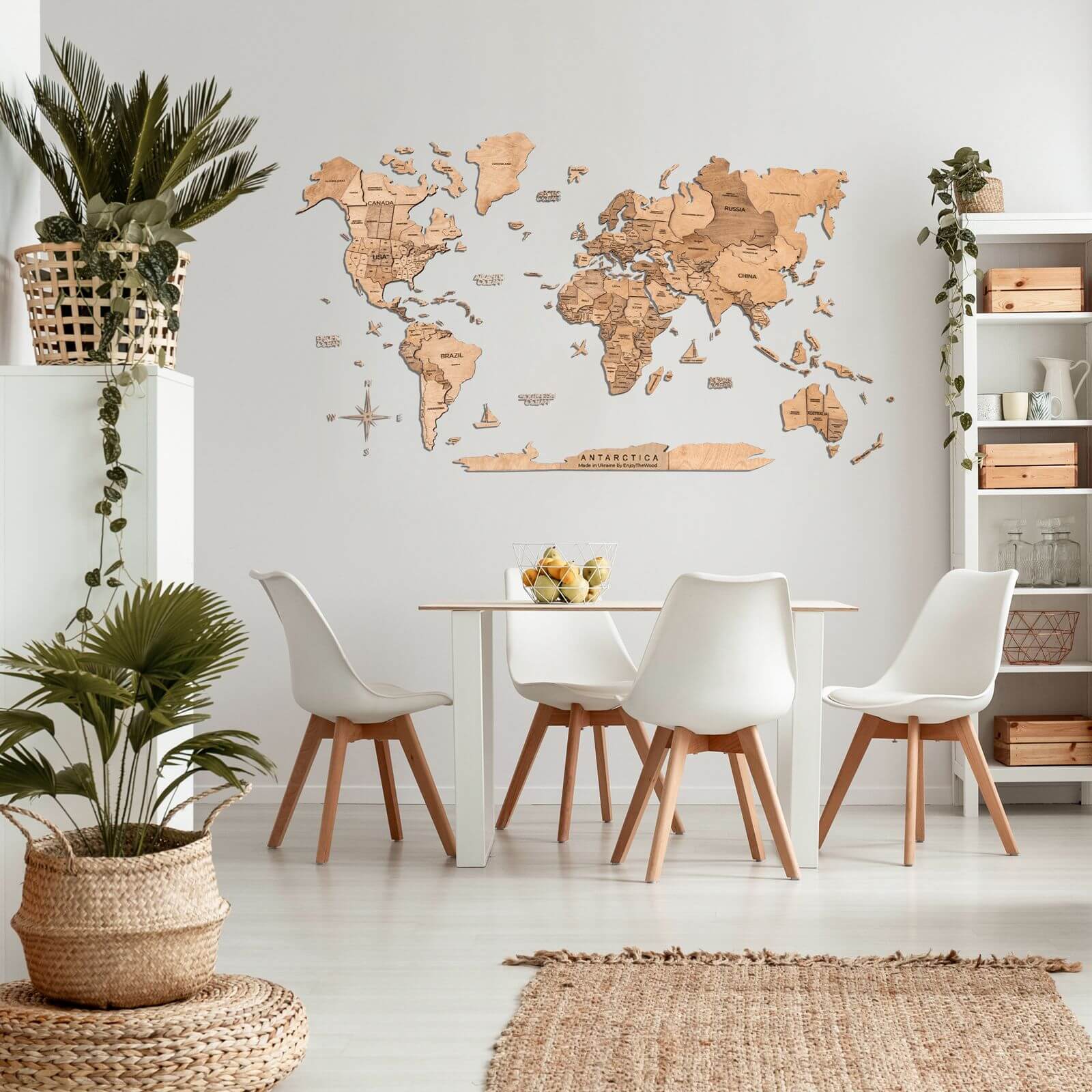 3D Wooden World Map Wall Art with Gold Accents for Home Decor