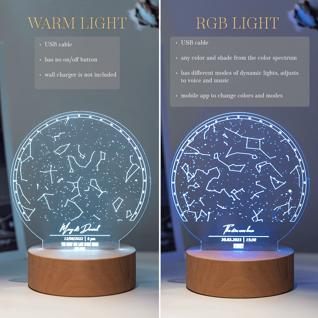 Custom Star Map Night Light – Minimalist Acrylic & Wood LED Decor