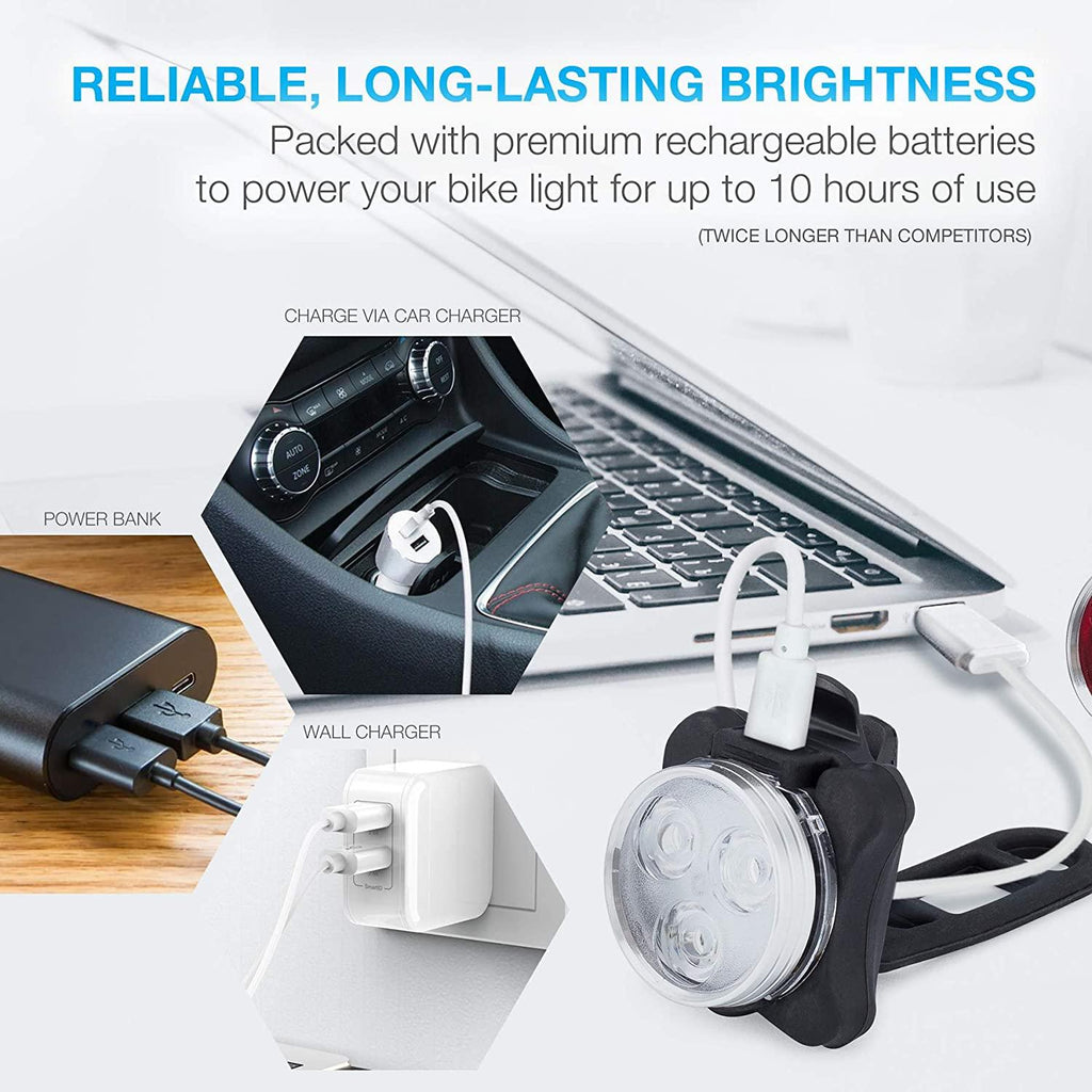 USB Rechargeable LED Bike Light Set - Super Bright Front and Rear