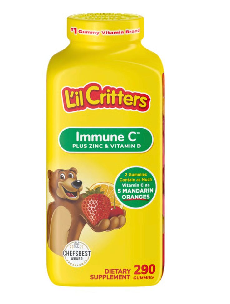 A 290-count bottle of L'il Critters Immune C + Zinc & Vitamin D Gummies in bright yellow packaging.