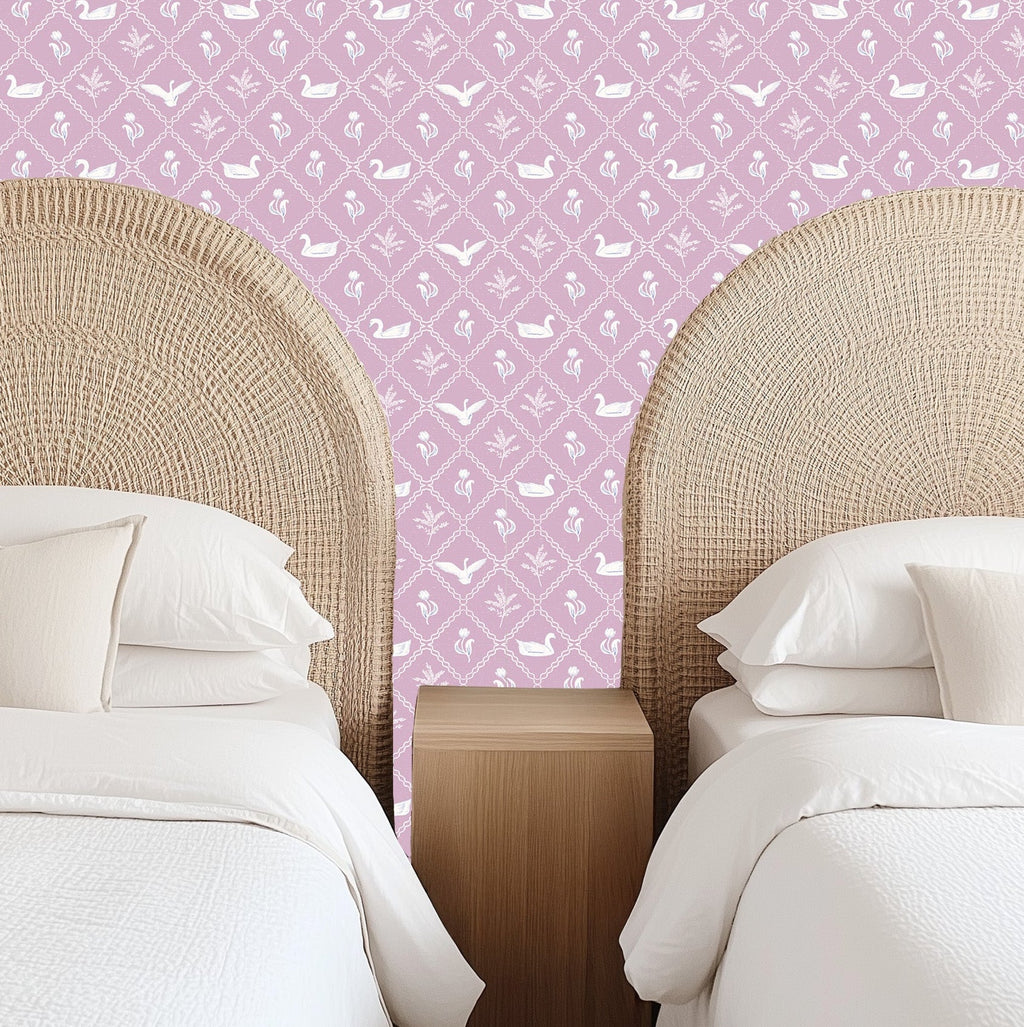 Lillie romantic pink and white wallpaper in a vintage cottagecore style.