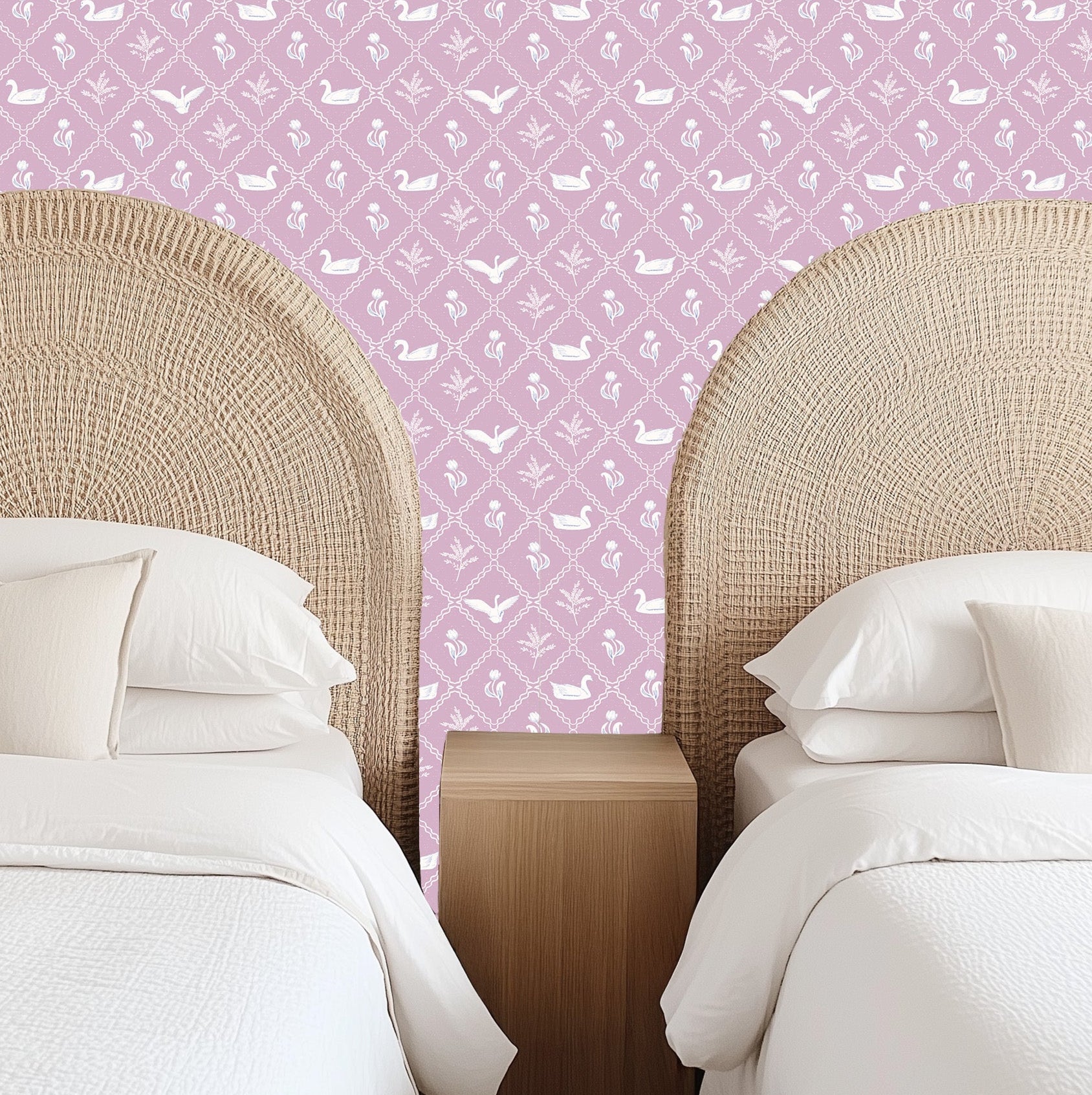 Lillie romantic pink and white wallpaper in a vintage cottagecore style.