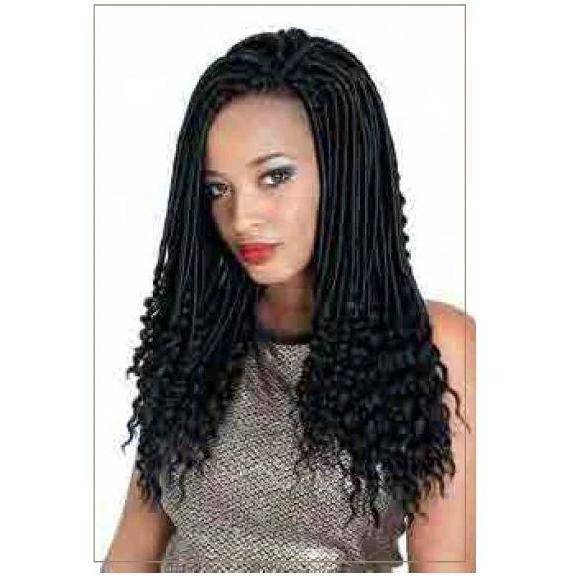 Model wearing 14-inch short goddess faux locs synthetic hair extensions