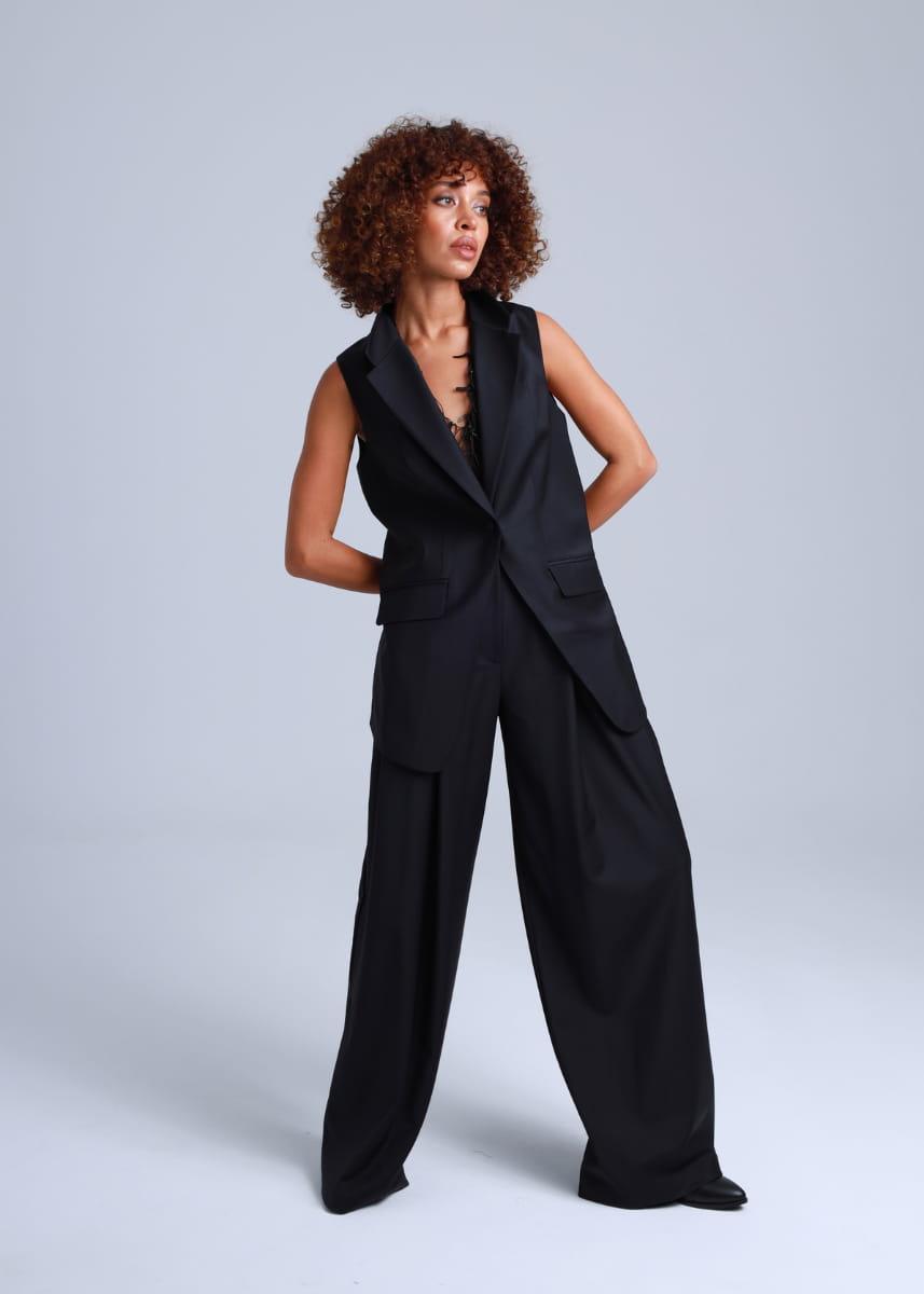 Broadway Liza Longline Virgin Wool Waistcoat in Deep Black