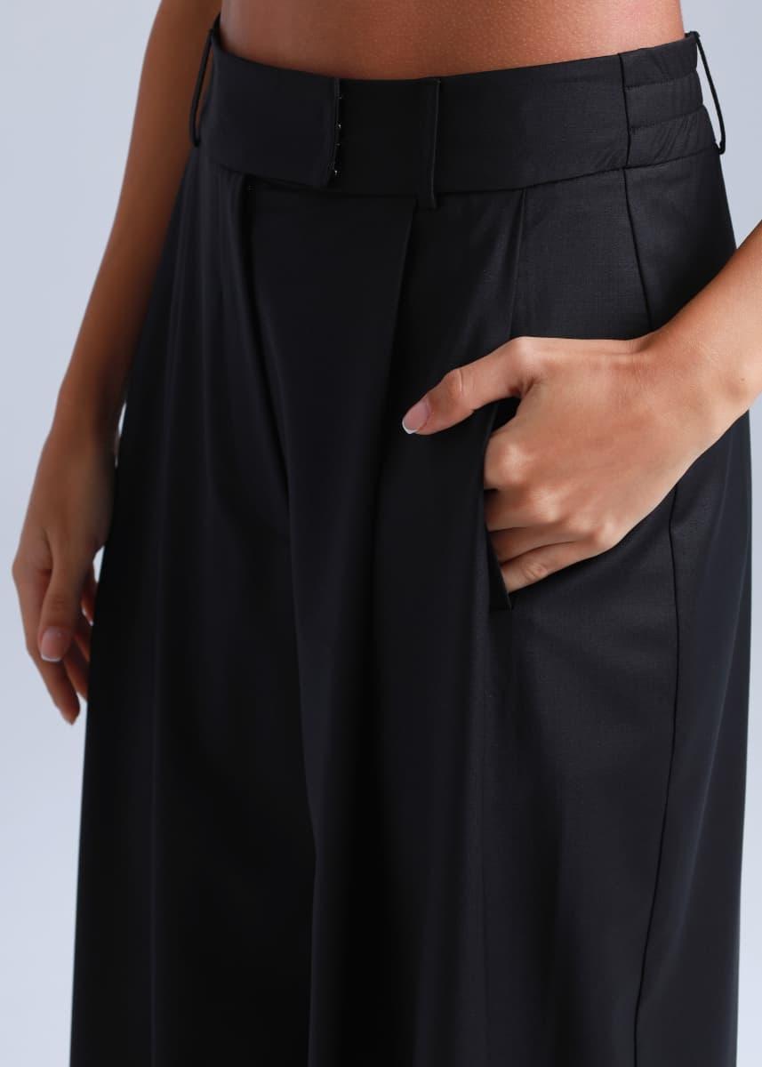 Deep Black Wide-Leg Virgin Wool Pants Liza