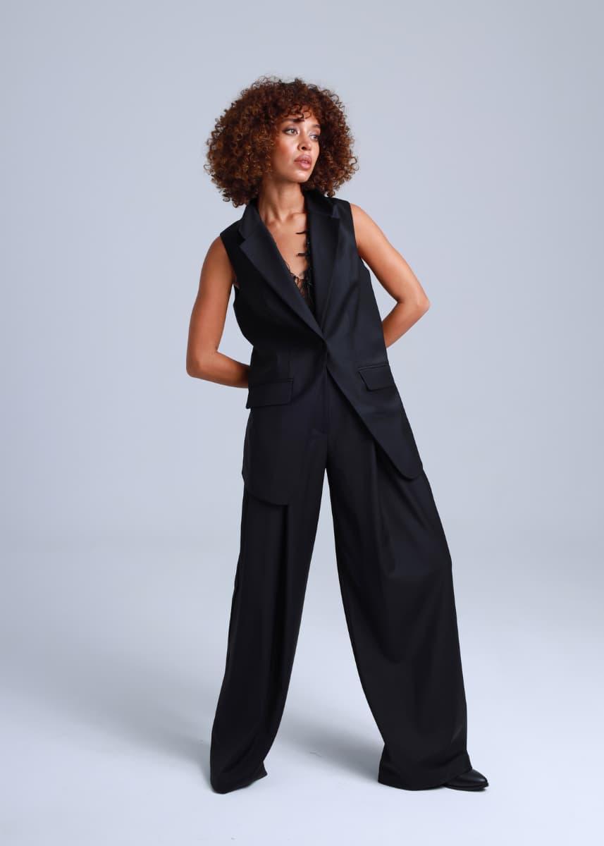 Deep Black Wide-Leg Virgin Wool Pants Liza