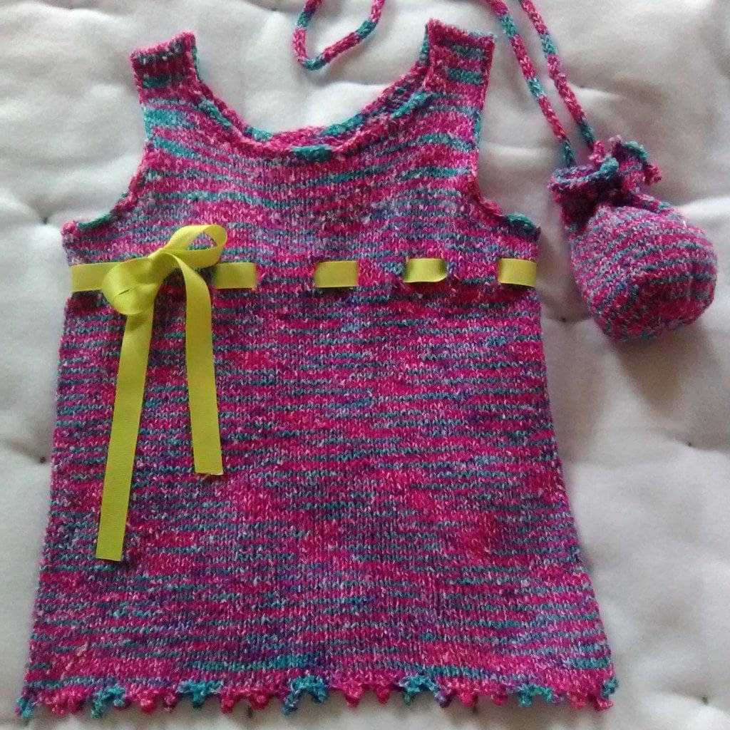 Little girls mini A-line knit summer dress in pink and teal with lime green ribbon