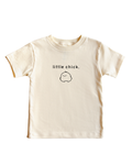 Unisex cream cotton crew neck tee with minimalist black graphic detail