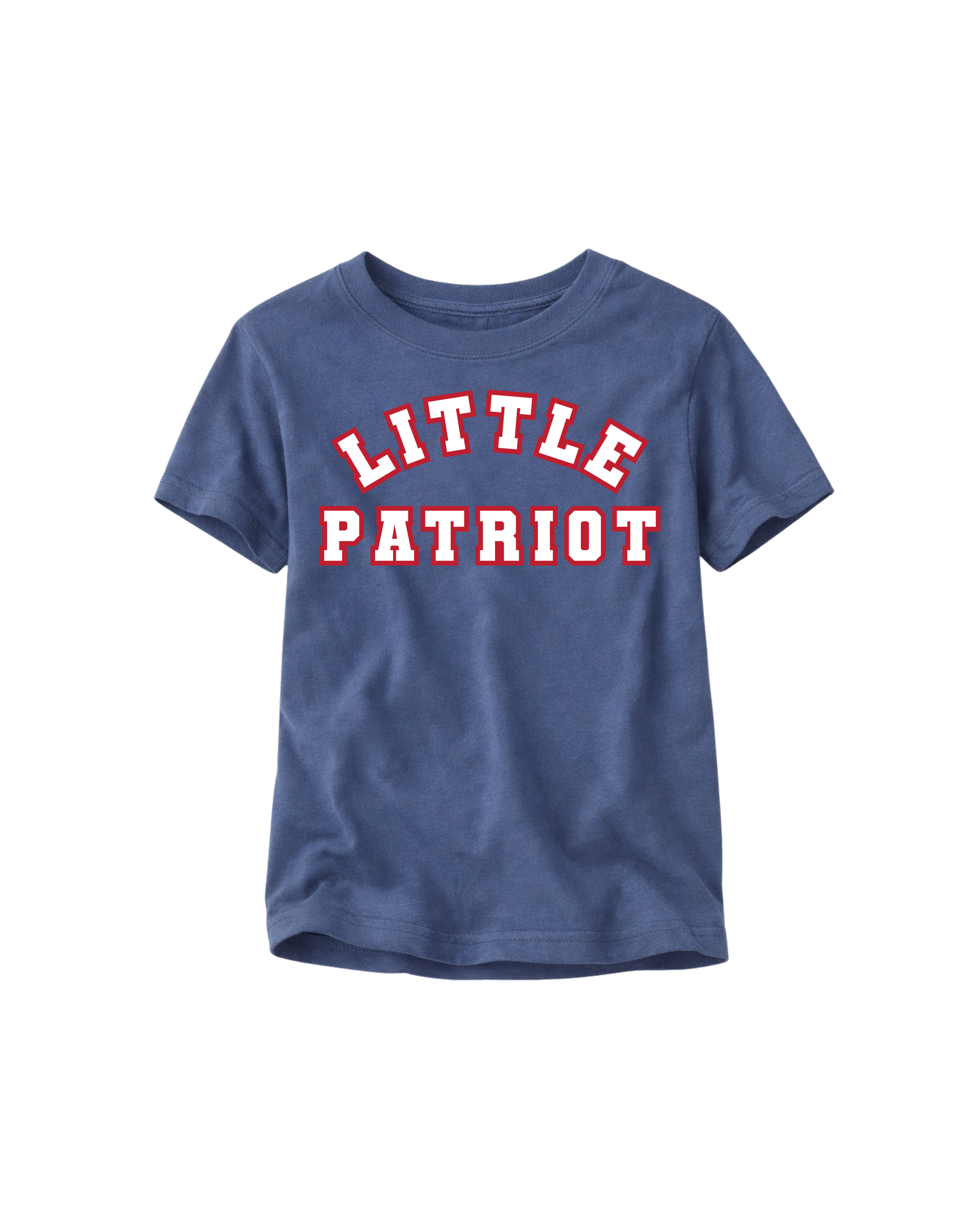 Child wearing a red, white, and blue patriotic varsity style t-shirt.