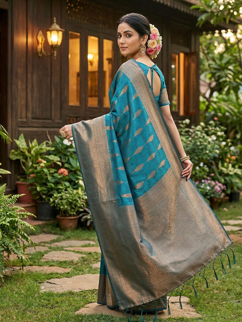 Rama Blue Silk Blend Saree for Festive Occasions