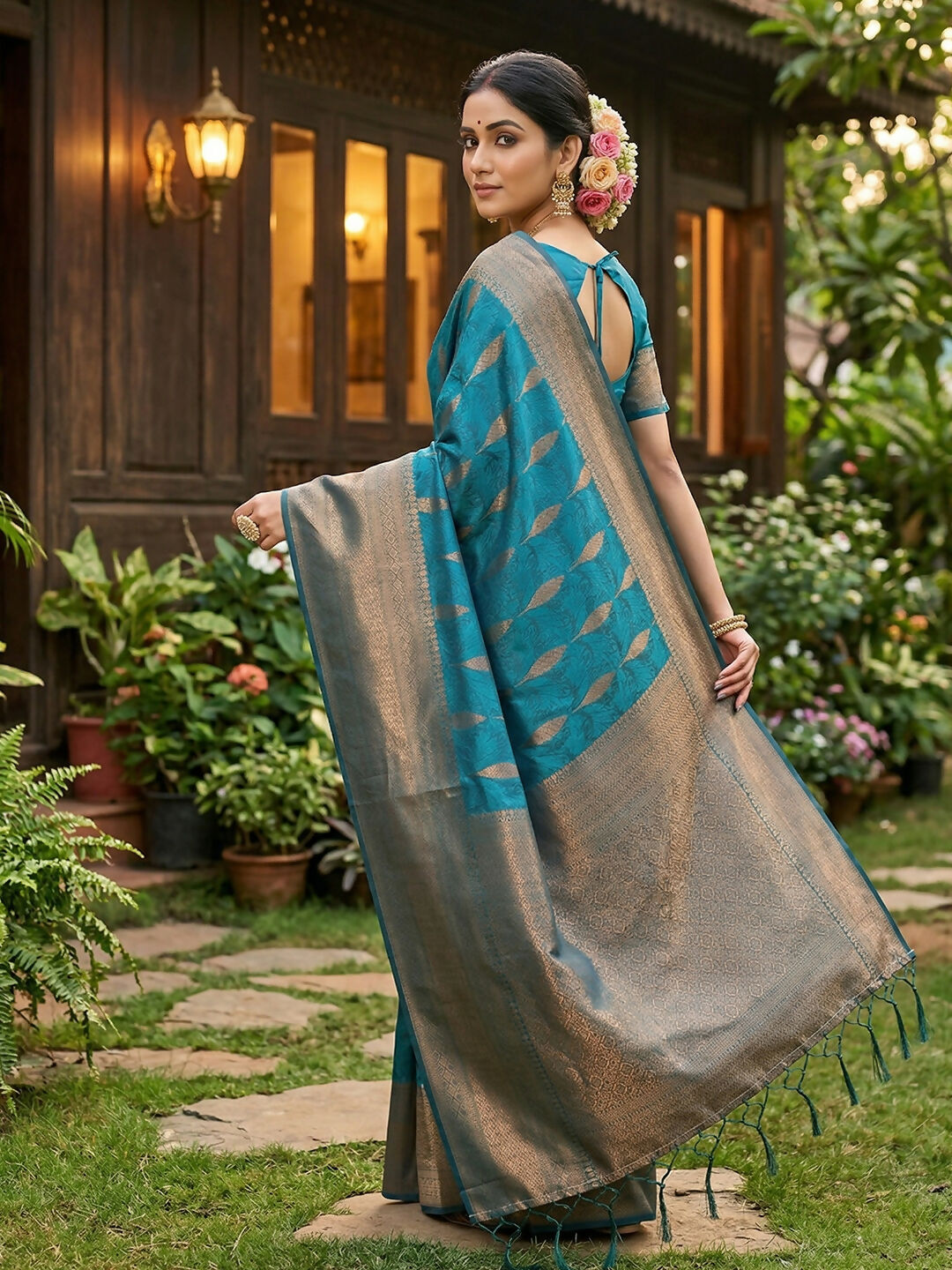 Rama Blue Silk Blend Saree for Festive Occasions