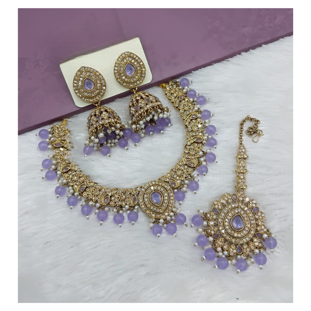Delicate lavender stone work necklace set featuring matching drop earrings