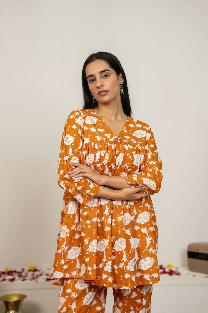 Peach Hand Block Print Cotton Kurta Set for Women