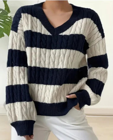 Women's Striped Cable Knit V-Neck Sweater in Black and White - Image 7