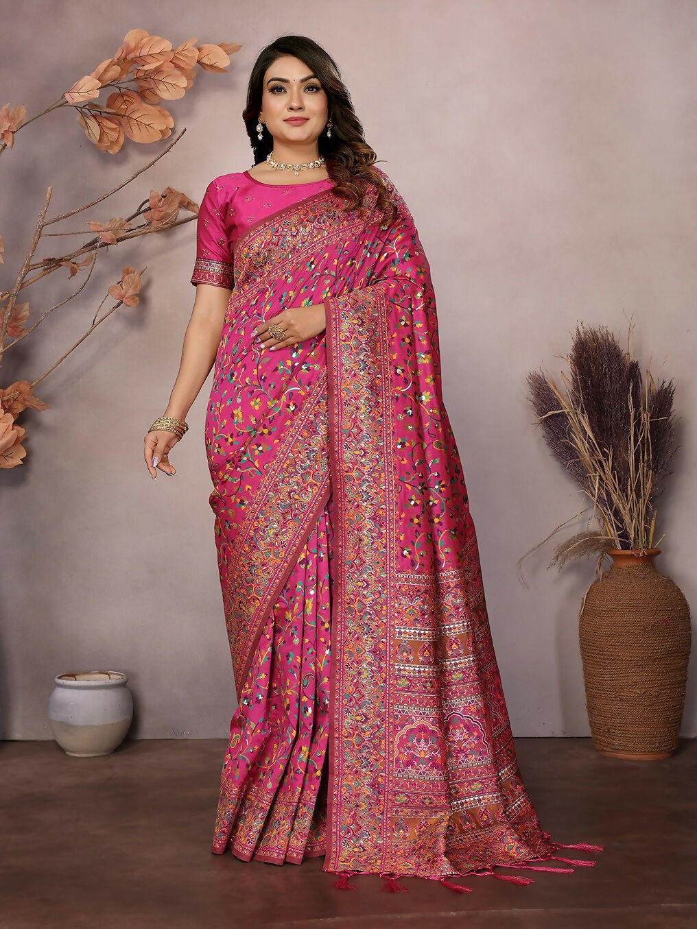 Rani Pink Pashmina saree with traditional Meena weaving and unstitched blouse fabric