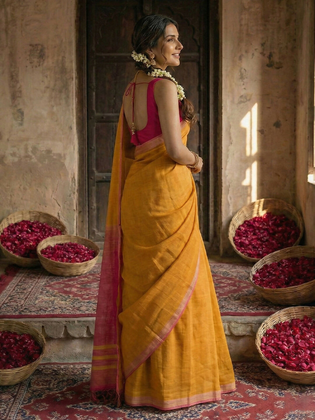 Gold Cotton Saree with Pink Blouse Traditional Ethnic Wear