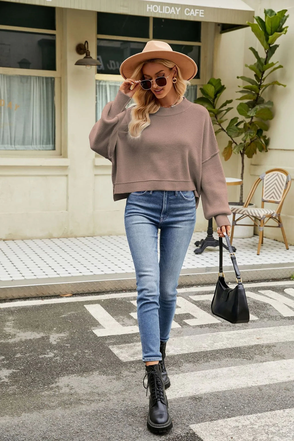 Women Loose Cropped Round Neck Knit Pullover Sweater