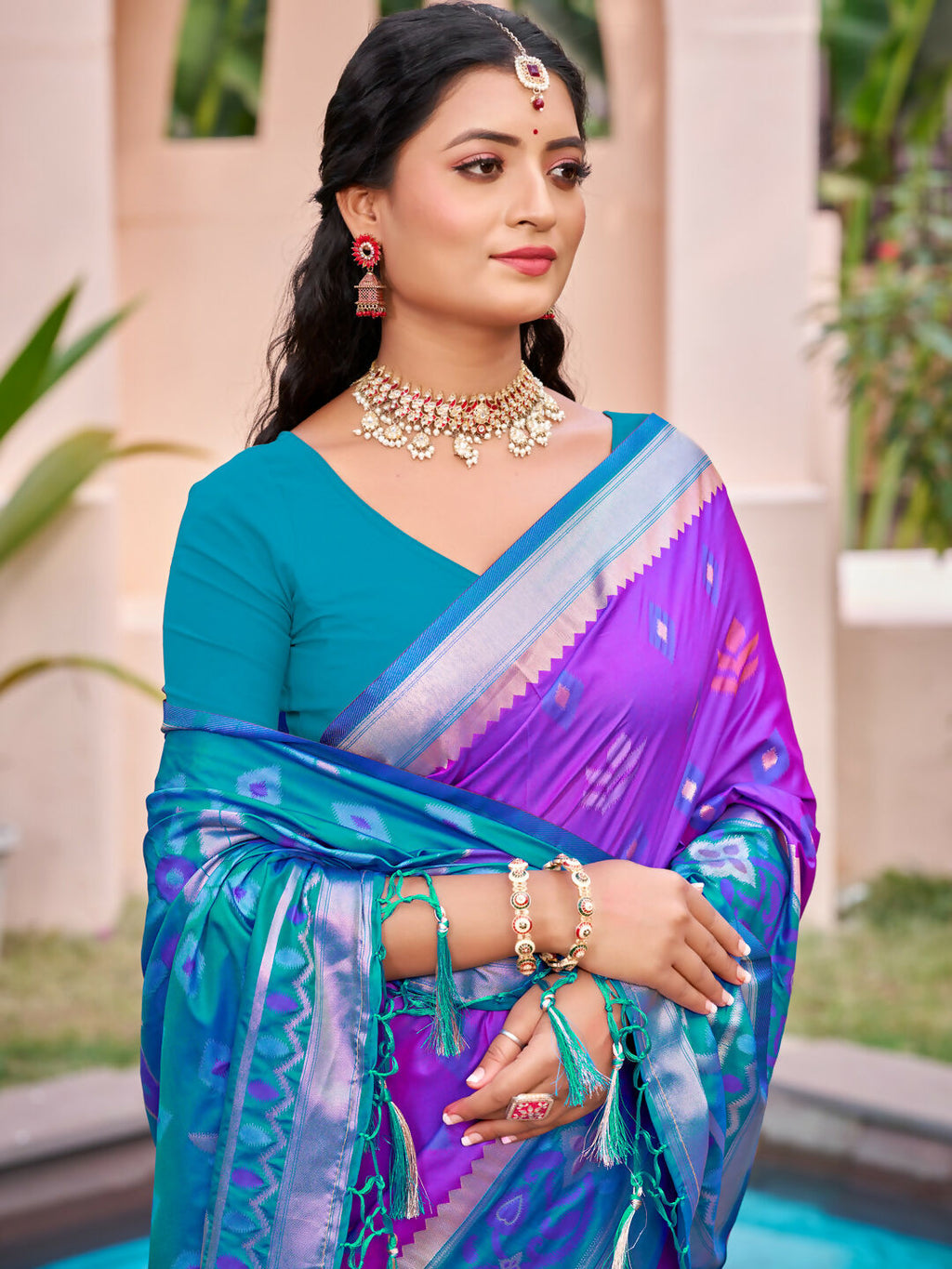 Purple Pochampally Silk Saree with Matching Blouse Piece