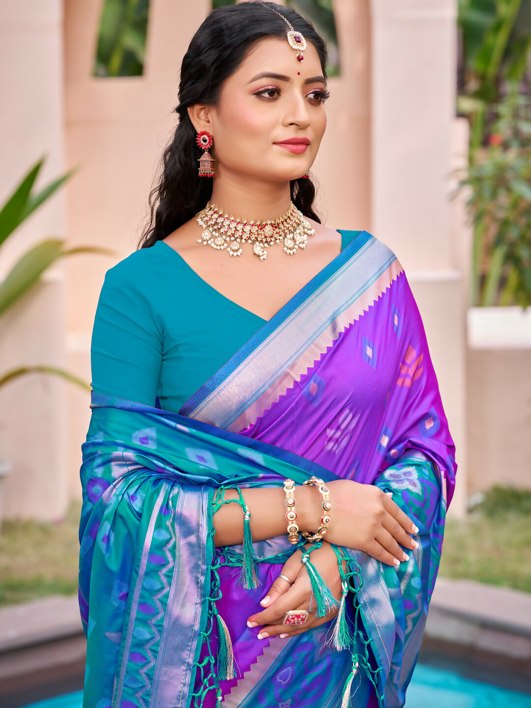 Purple Pochampally Silk Saree with Matching Blouse Piece