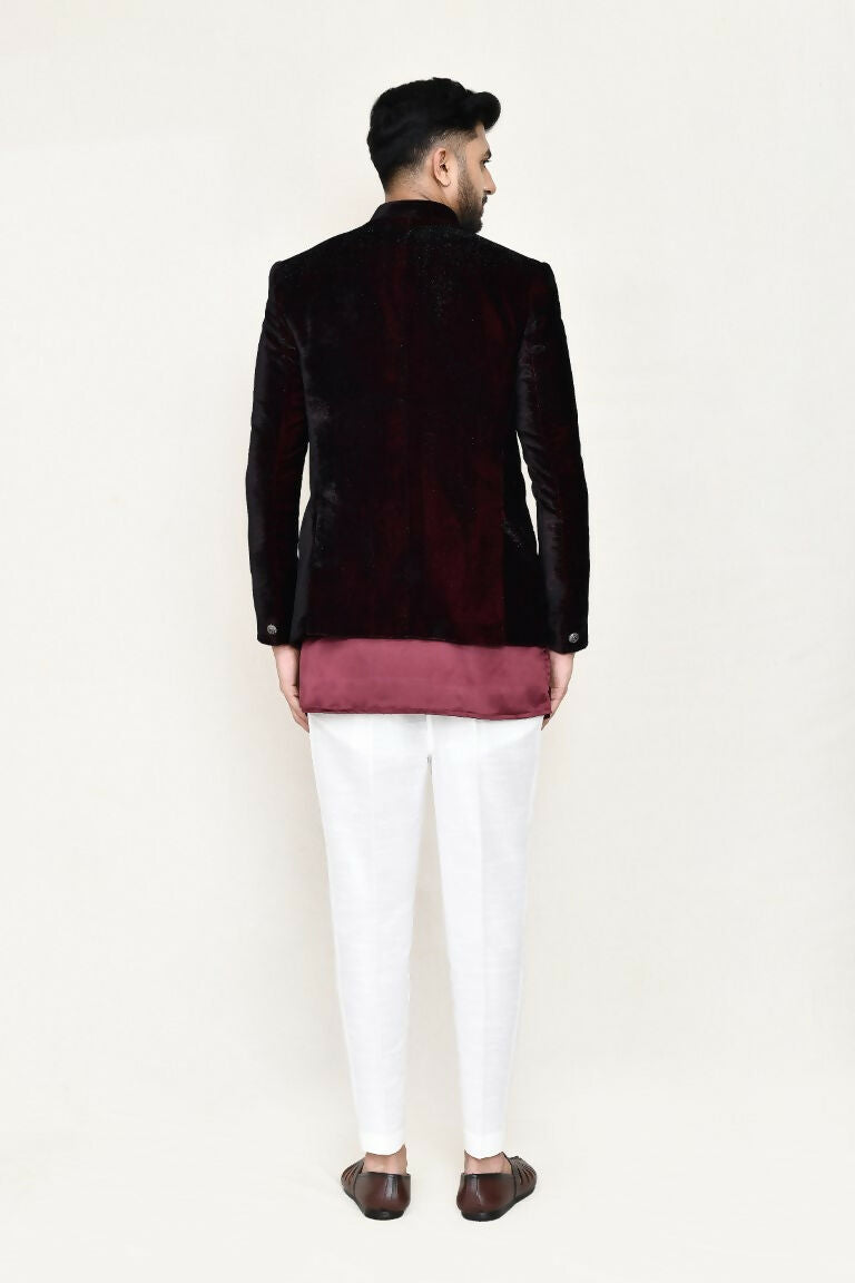 Men's Maroon Satin Silk Prince Coat, Kurta and Pant Set
