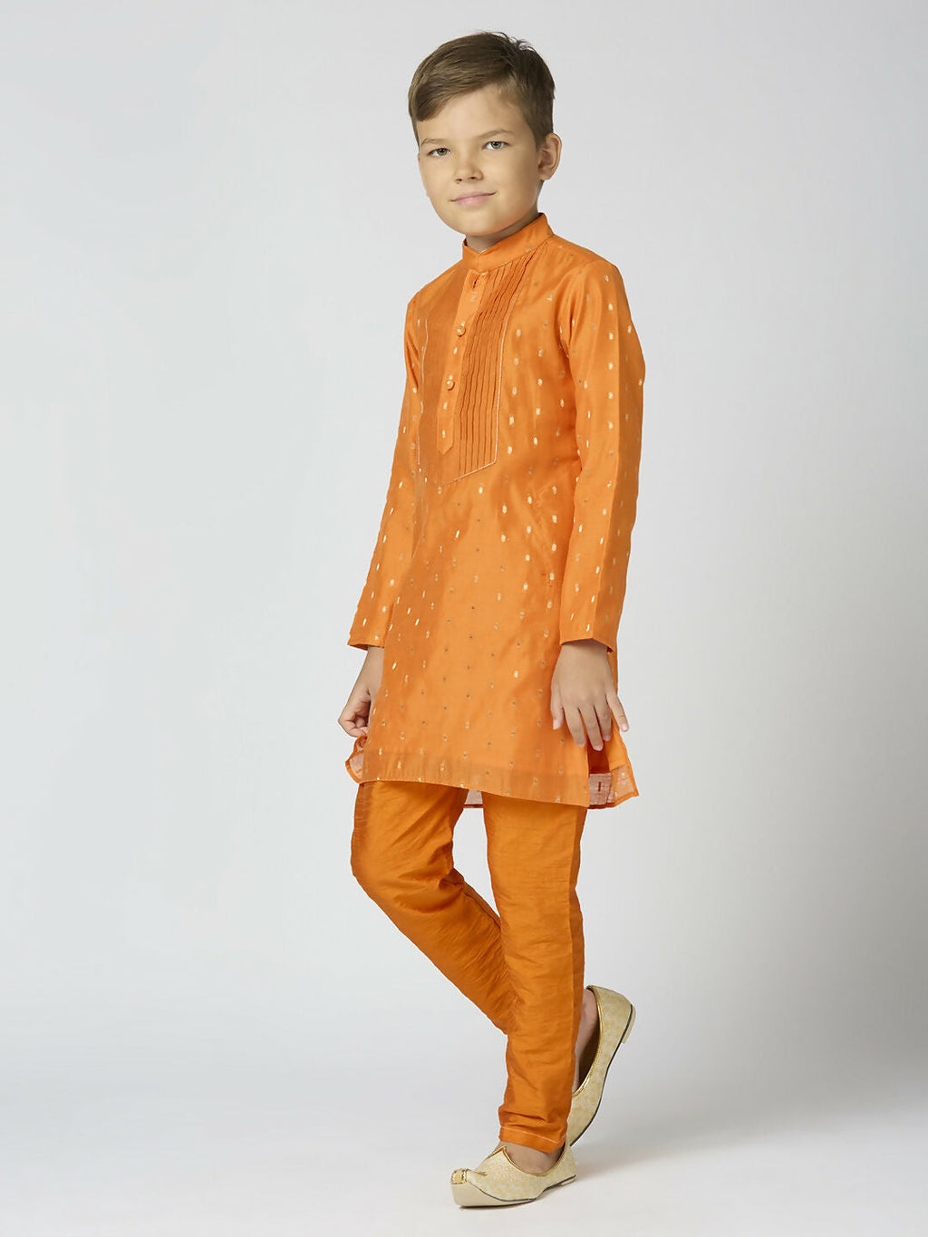 Boys Orange Chanderi Kurta Pyjama Set with Traditional Butta Work