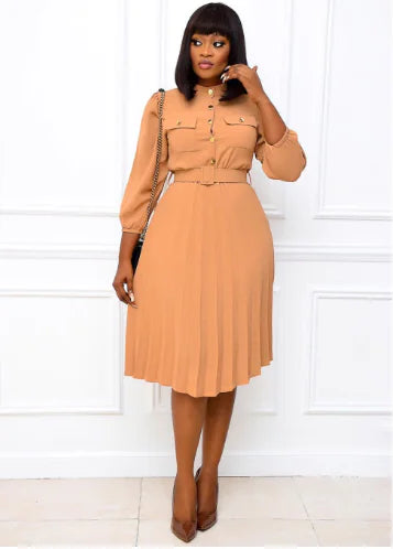 Women's Khaki Midi Dress with Stand Collar