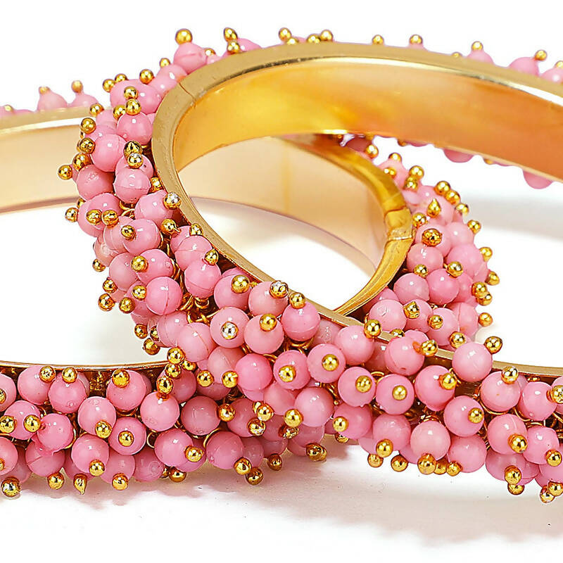 Gold-Polished Baby Pink Beads Work Bangles for Girls