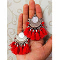 Red silk thread half moon chandbali earrings with mirror work and tassels