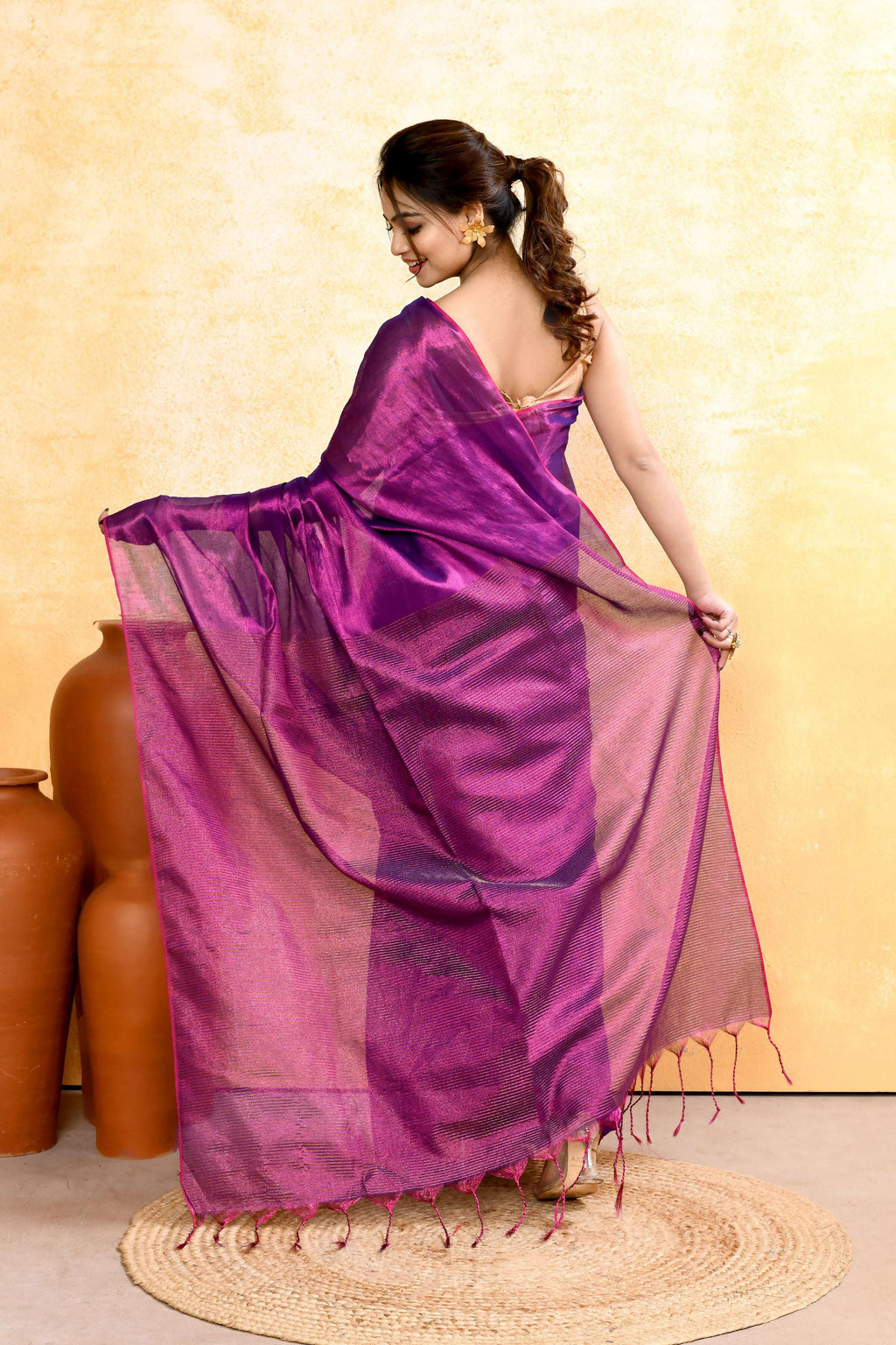 Violet Dual Tone Organic Tissue Saree with Matching Blouse Piece