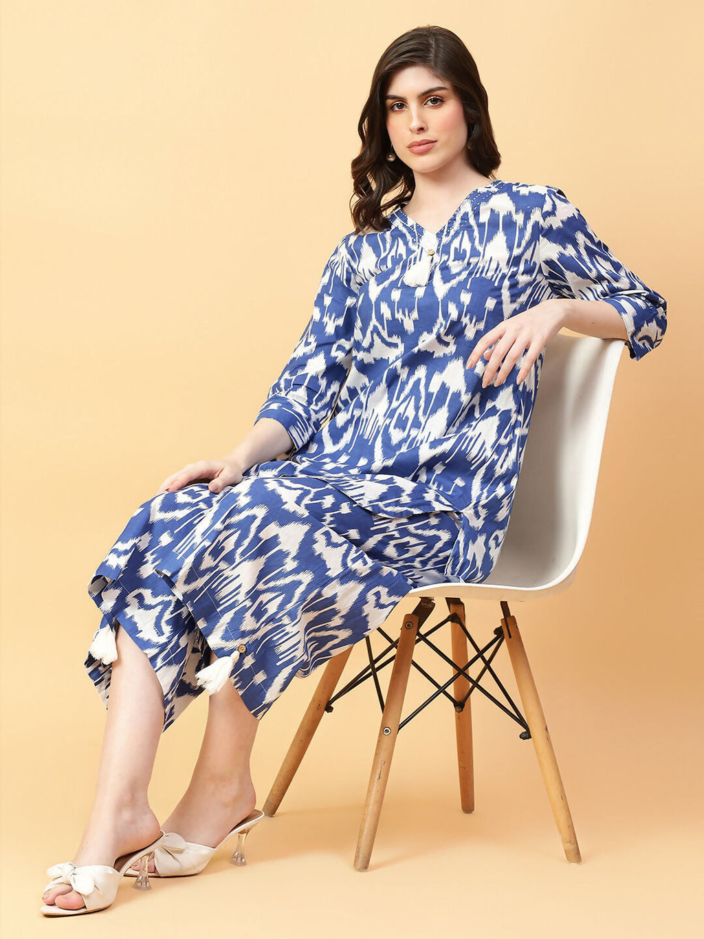 Blue cotton co-ord set with intricate hand work and printed patterns