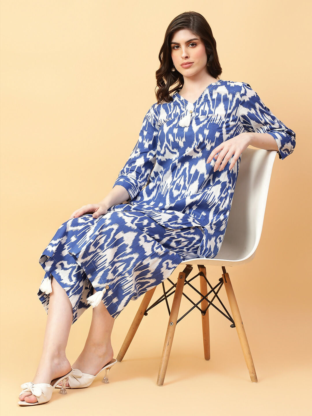 Blue cotton co-ord set with intricate hand work and printed patterns