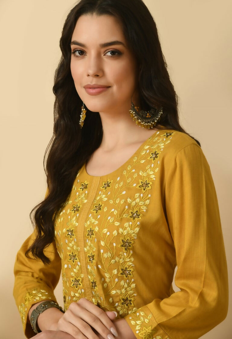 Mustard Cotton Rayon Kurta Set - Two Piece Women's Ethnic Wear