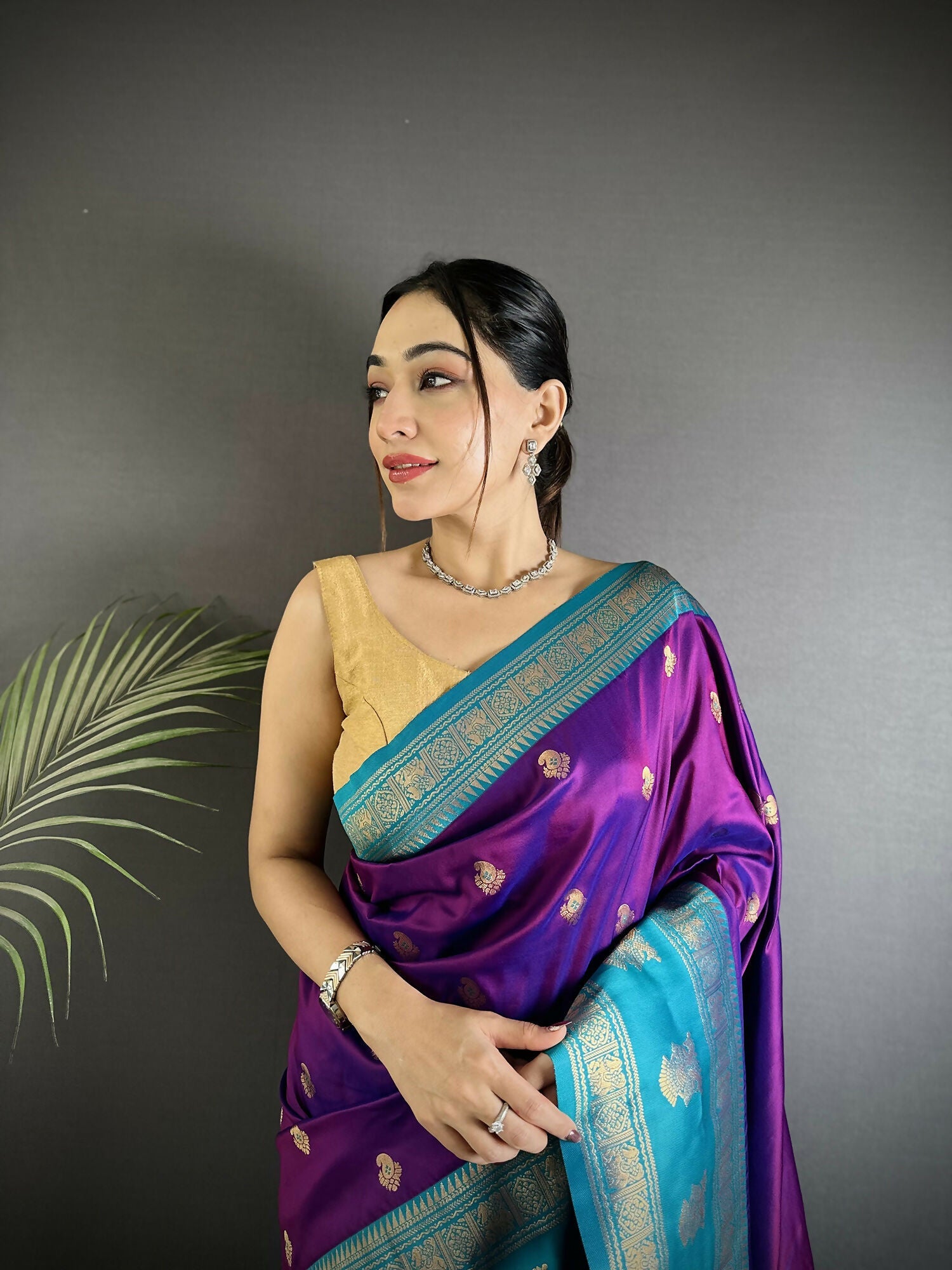Purple Banarasi Soft Silk Saree with Woven Butti Design