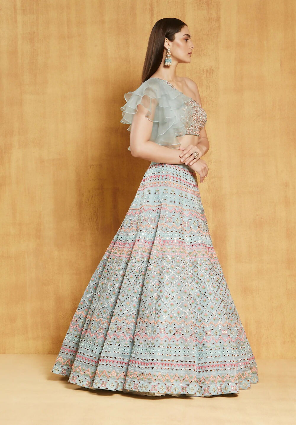 Light Turquoise Organza One-Shoulder Embroidered Bridal Lehenga