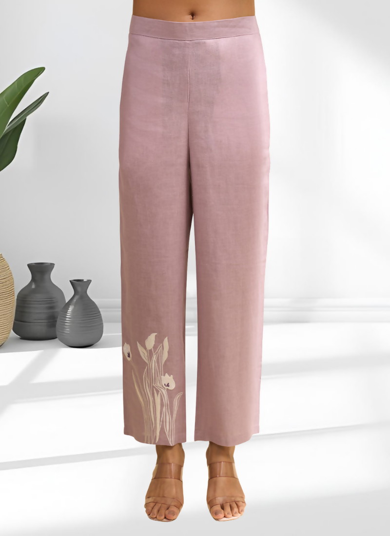 Pink Linen Embroidered Long Kurta Set with Matching Pants