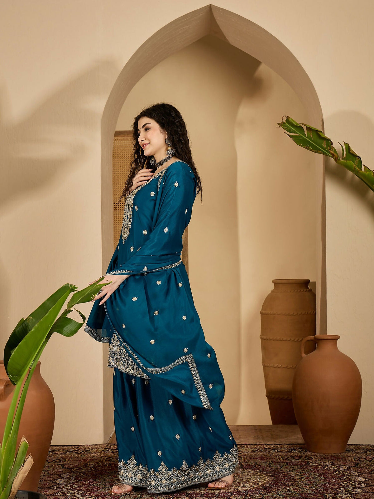 Teal Chinon Silk Embroidered Kurta Set for Festive Occasions