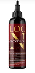 4 oz bottle of Loc'N Growth Oil with black packaging, red label, and gold typography.