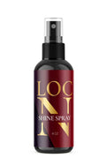 4 oz bottle of Loc'N Shine Spray with black, red, and gold branding