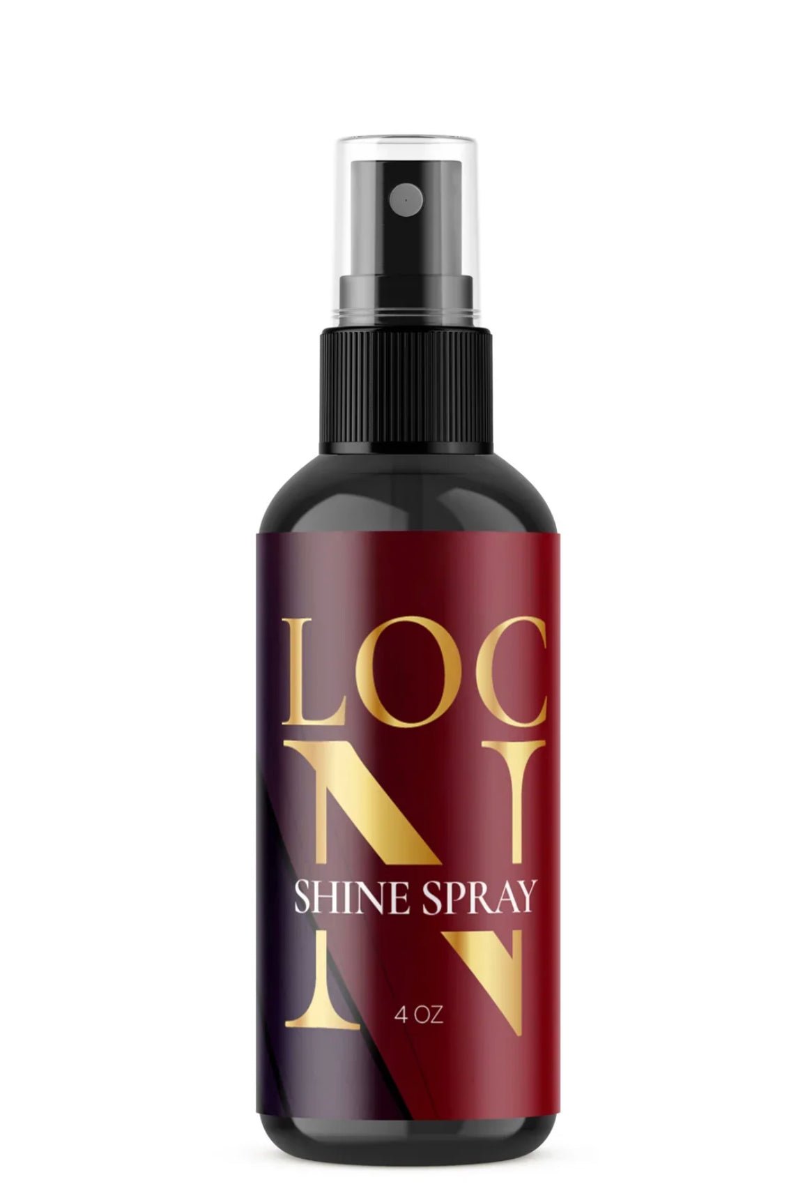 4 oz bottle of Loc'N Shine Spray with black, red, and gold branding