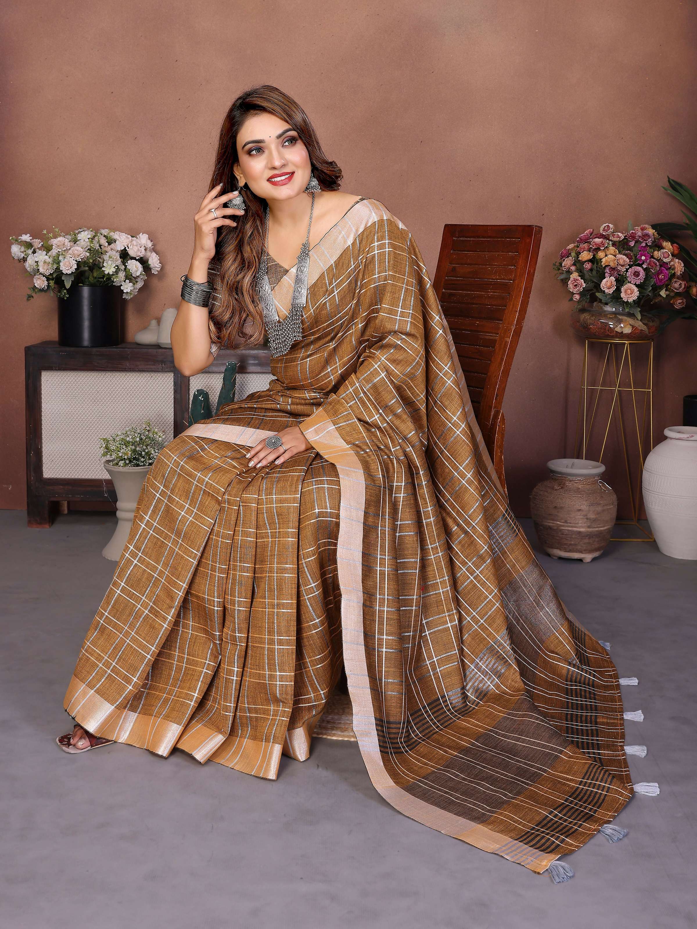 Mustard Linen Weaving Saree with Traditional Ethnic Design