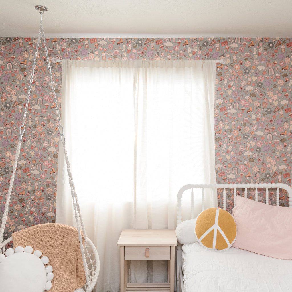 Lollie abstract wallpaper by Thread Mama in pink, orange, and grey.